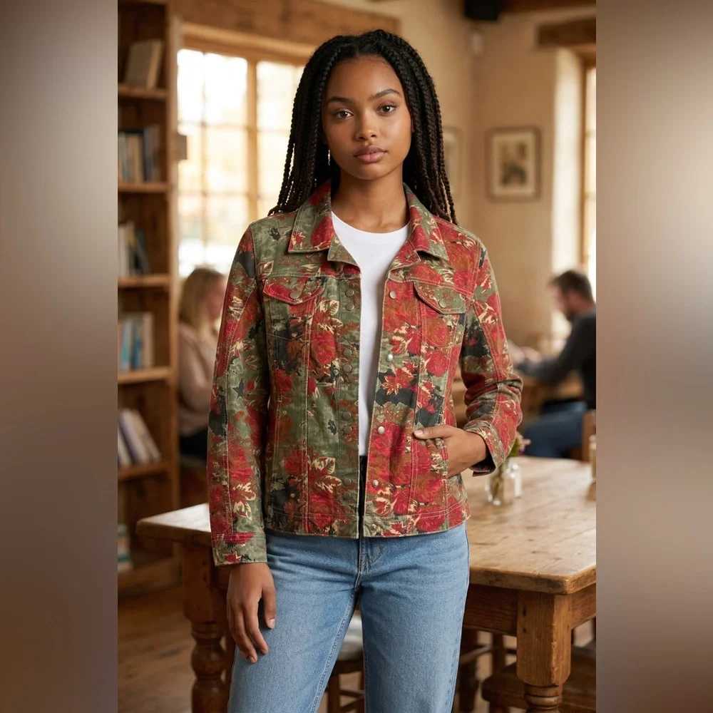 Live a Little Floral Print Jean Jacket in Red and Olive - Picture 9 of 9